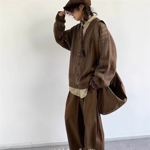 1506-1/ZYM011/P60日系复古暗条纹开衫毛衣男潮牌潮流宽松针织衫