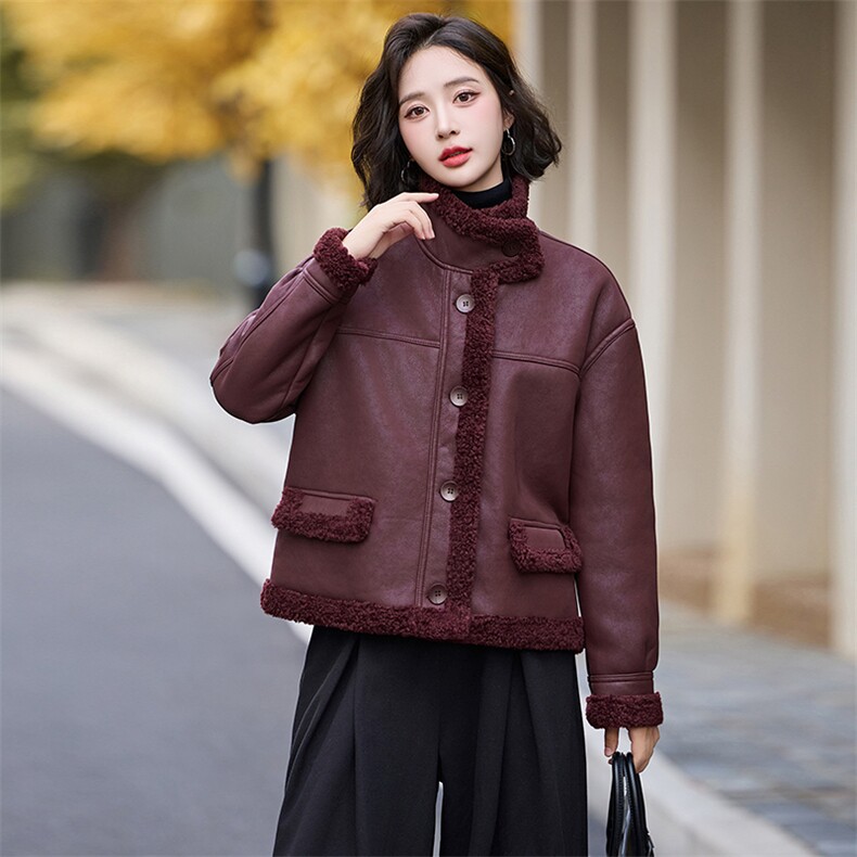 现货皮毛一体羊羔毛外套女短款2024秋冬新款加绒加厚外套,女装羊羔毛/颗粒绒,跑量工厂店