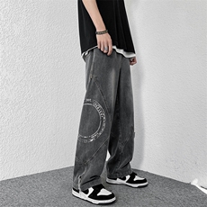 牛仔裤男宽松阔腿裤痞帅ins潮牌坠感拖地老爹裤N01258-P50，男装牛仔裤，星座308B-1