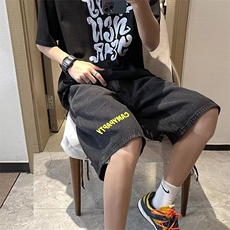 牛仔短裤男夏季港风宽松直筒潮牌潮流阔腿短裤D2102P35，男装牛仔裤，星座1116-2