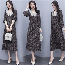 2021春季新款简约时尚气质V领拼接蕾丝中长款碎花收腰连衣裙，女装连衣裙，瑶迪依秀