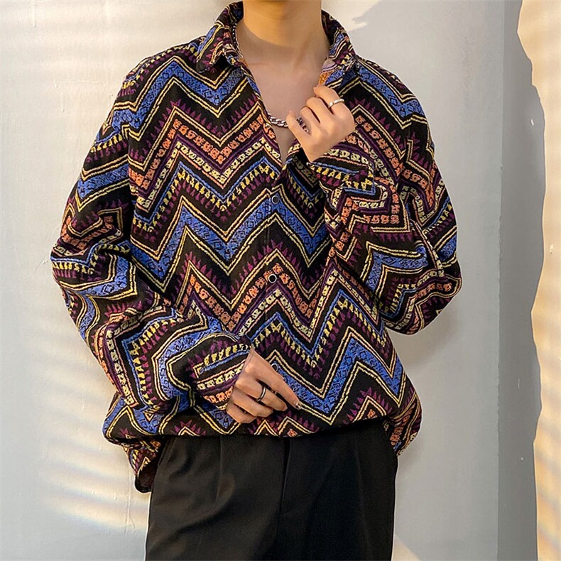 民族风加厚长袖衬衫男青少年扎染花色外套百搭加厚衬衣CS914P55图片