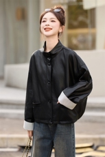 复古立领宽松皮衣外套女2025秋冬季新款休闲百搭显瘦pu皮夹克上衣，女装皮衣，牡丹诺