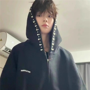 潮牌珍珠连帽开衫卫衣男春秋慵懒风美式高街青少年外套WT110图片