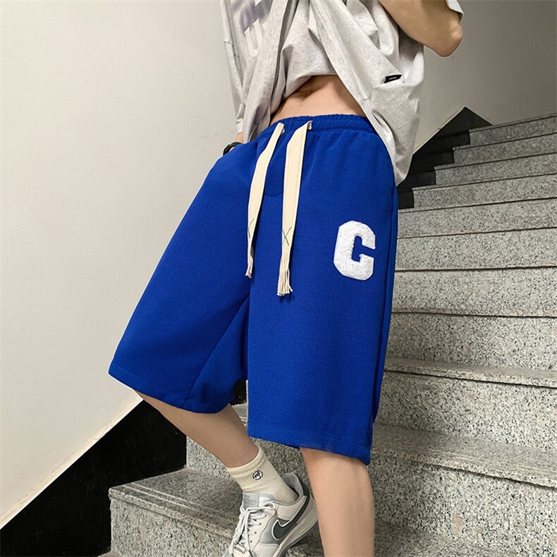 织带绣标C短裤男女2025新款华夫格五分裤休闲运动中裤K1077-P26,男装牛仔裤,星座207