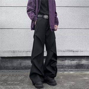 美式微喇褶皱休闲黑色西裤男潮牌新款宽松直筒拖地cleanfit长裤子图片