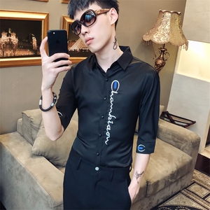 2021新款男时尚休闲绣花衬衫修身七分袖夜店发型师社会风D455图片