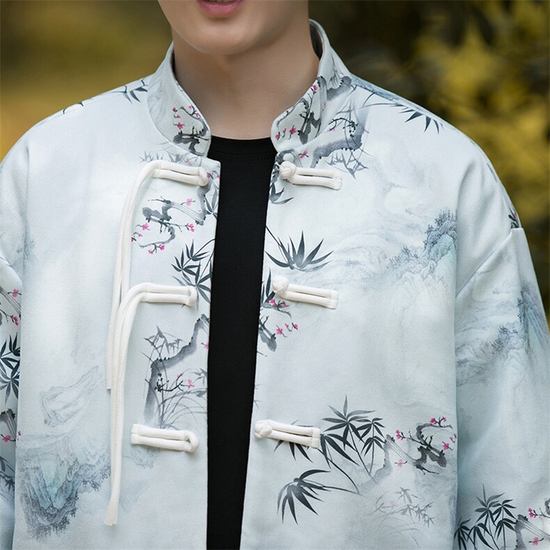 外景新中式风水墨竹子数码印花盘扣立领复古唐装外套JK97,男装民族服装,星座305A（原312A-1）