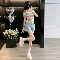 女夏季新款韩版运动休闲套装修身显瘦圆领条纹短袖牛仔短裤两件套，女装套装/套裙，江南