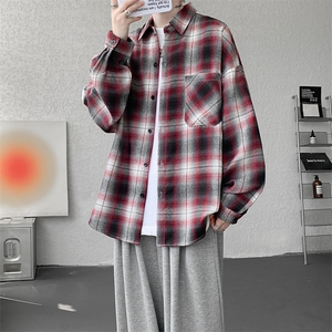衬衫男秋季新款港风宽松大码磨毛格子长袖衬衣CS131-特P28图片