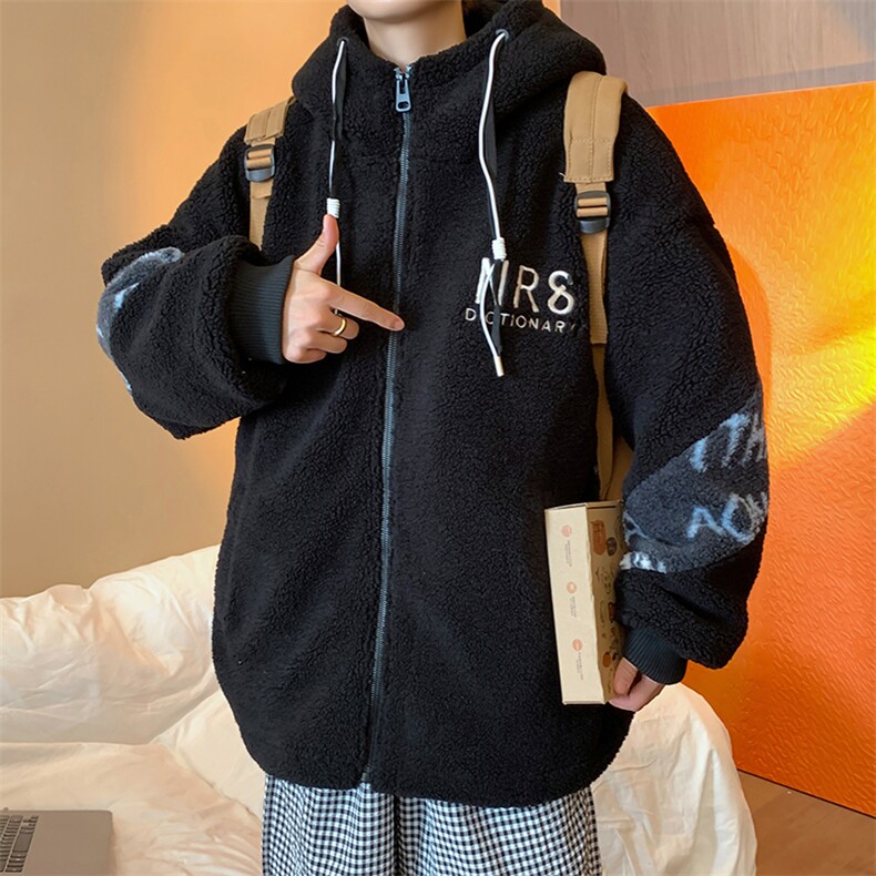 韩系连帽羊羔毛外套季2025高级感加厚穿搭小个子皮毛一体棉服,男装棉衣,电商A020