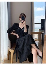 秋季新款韩版时尚修身淑女气质高雅珍珠领连衣裙，女装连衣裙，荷塘月色