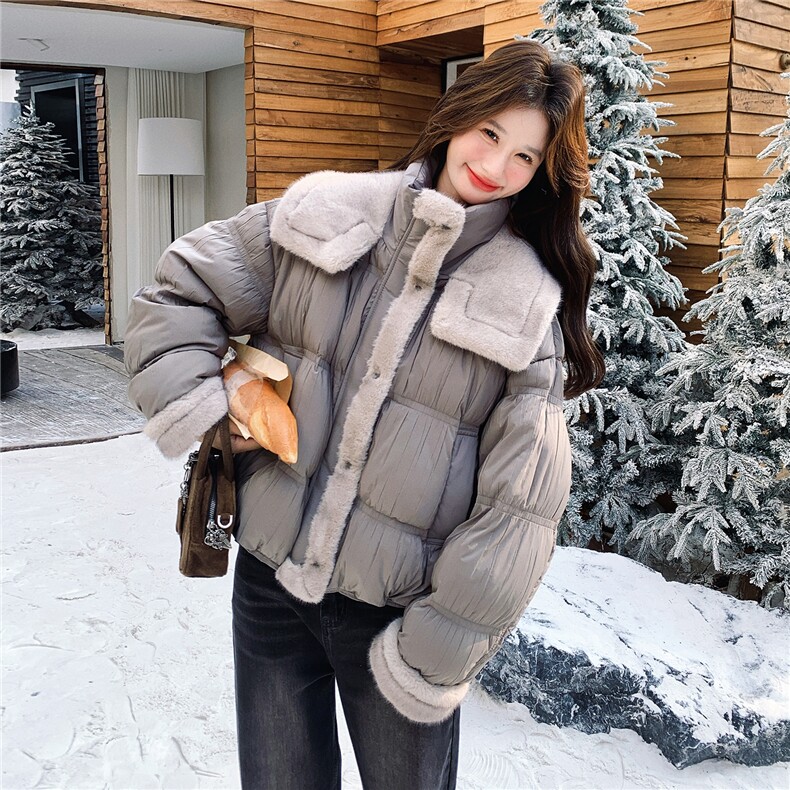 甜美软糯毛绒拼接连帽短款羽绒服女2025冬季巨好看90白鸭绒外套潮,女装羽绒服,2C375