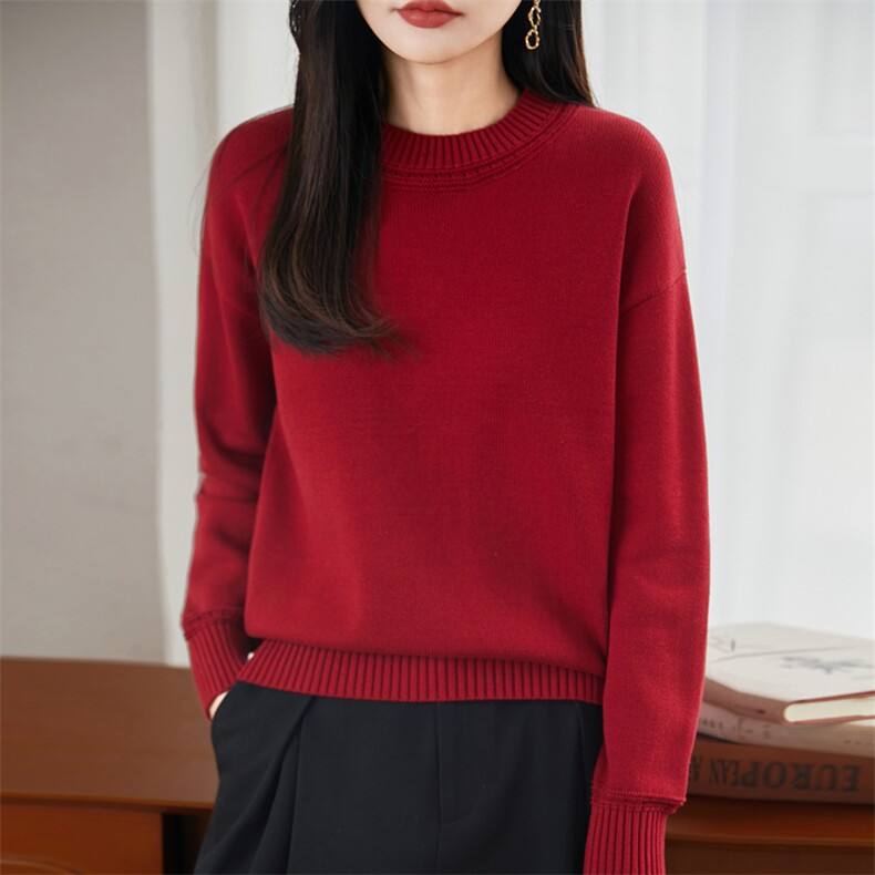 重磅加厚100纯棉针织衫女法式圆领毛衣2025新款宽松保暖打底上衣,针织衫/毛衣,彩羽羊绒