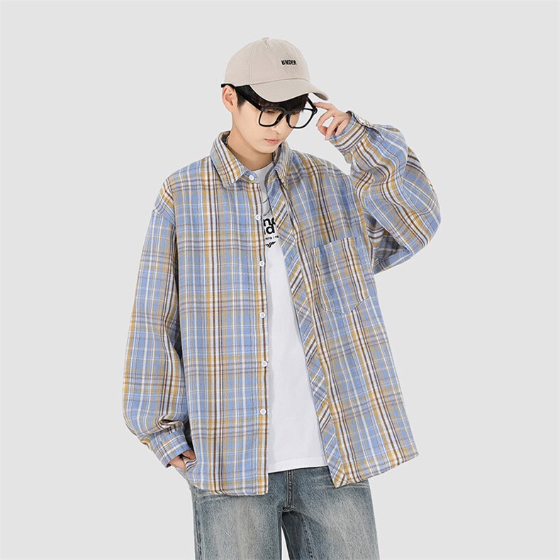 特批23!YK86045-TP2330%棉70%聚酯纤维春季长袖格子衬衫,男装衬衫,电商A086-1