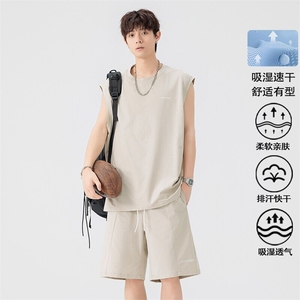 特批P50无差价夏季轻薄透气纯色无袖大码背心短裤速干套装TZ5591图片