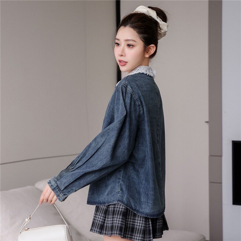 2026新款水洗牛仔长袖花边蕾丝春装韩版衬衫,女装衬衫,2C091