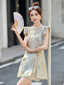 改良旗袍连衣裙女夏季2025新款收腰显瘦新中式国风刺绣短裤两件套图片