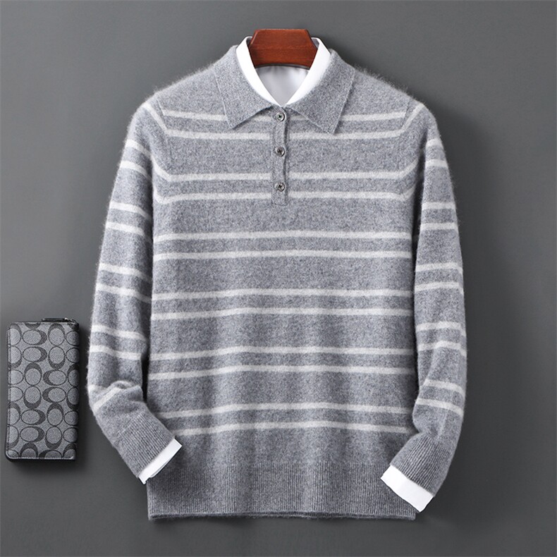 2025年秋季新款百搭男士彩条polo领加厚保暖羊毛衫，男装羊毛衫，邓利维