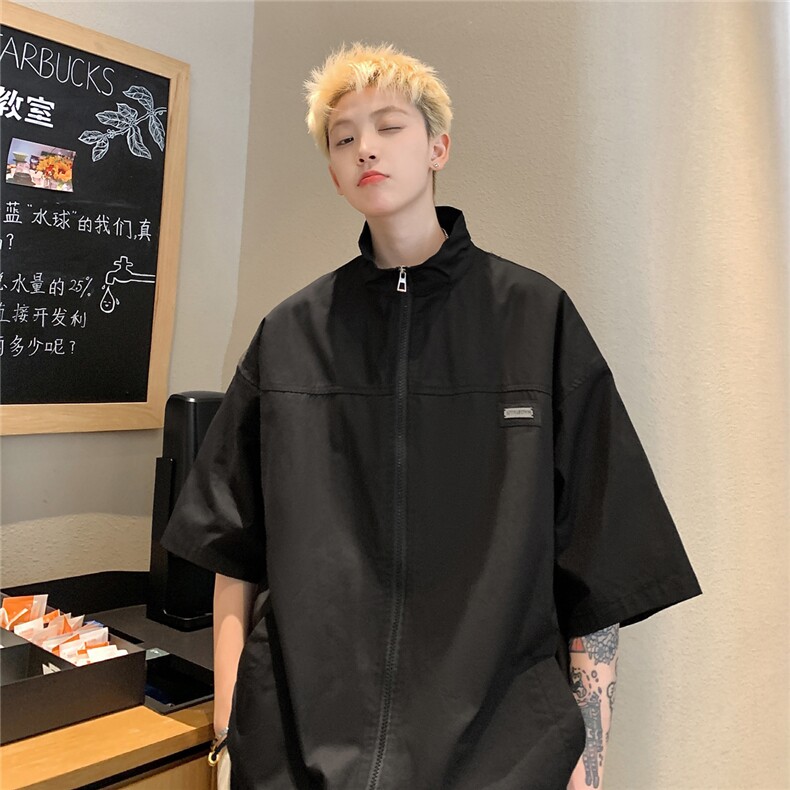 水洗棉撞色拼接金属标五分半袖夹克外套短袖衬衫XC02-P60控78,男装T恤,星座216(原A116)