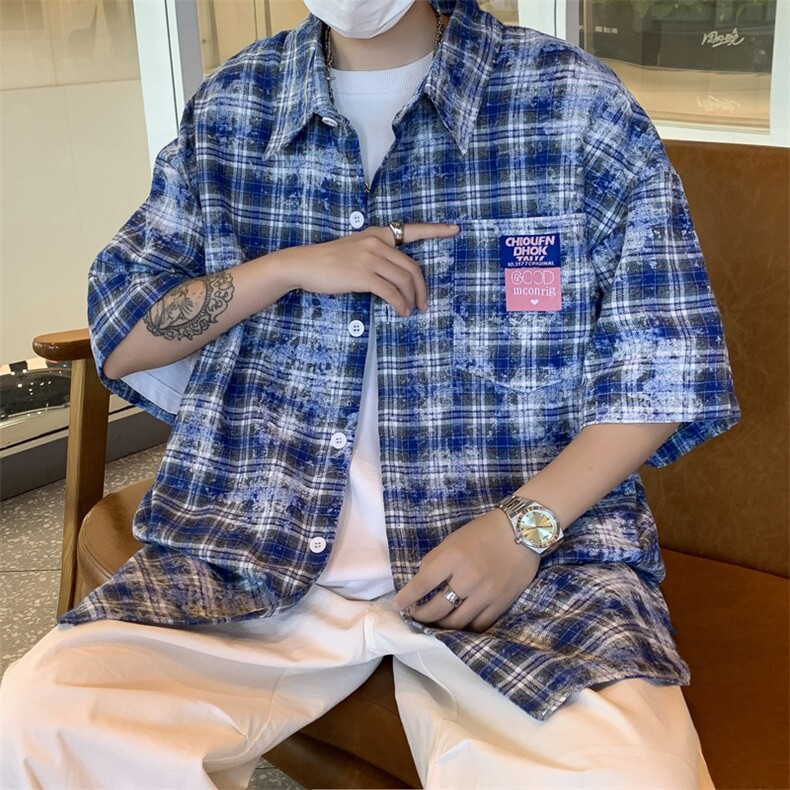 夏季美式复古男女宽松百搭短袖格子衬衫男女高街外套CS0118-P40图片