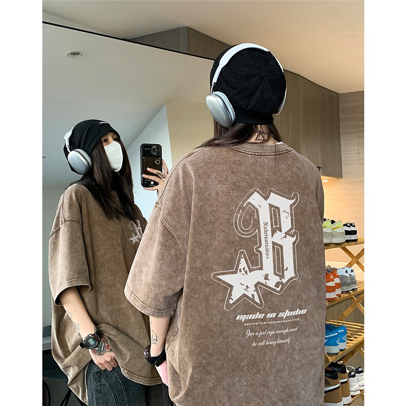 EQ205*水洗美式复古短袖男女学院风做旧T恤潮流印花体恤2024新款,男装T恤,电商C306-1