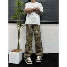 抖音品质美式高街oversize设计感蛇纹迷彩水洗弯刀裤，男装牛仔裤，星座310A-4