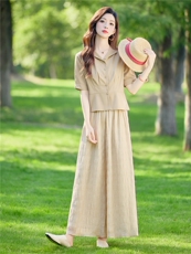 气质优雅纯色短袖收腰小翻领洋气衬衫阔腿裙裤两件套女，女装套装/套裙，水衣源