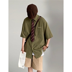 短袖衬衫男夏季领带制服衬衣痞帅高级感设计潮牌潮流学院风CS55，男装衬衫，星座1013