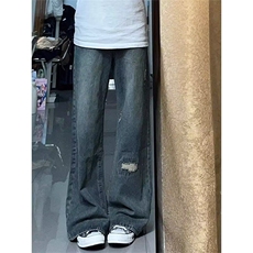 复古水洗破洞牛仔裤男潮牌裤子宽松bf慵懒风直筒微喇裤L91400-P48，男装牛仔裤，星座1008
