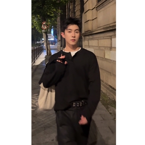 现货 自制 假两件 长袖 拼接领T恤 上衣打底衫男女情侣 p28图片