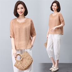 刺绣衬衫女2023年夏季新款时尚宽松中年妈妈夏装气质薄款苎麻上衣，女装大码女装，奕阳依阁