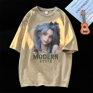 潮牌宽松短袖t恤蜡染美式复古高街水洗做旧517A-2-SX296-P38图片