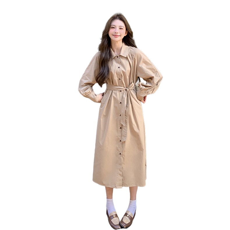深卡其色连衣裙女春秋2025新款收腰显瘦设计感小众复古赫本风长裙,女装连衣裙,2C057