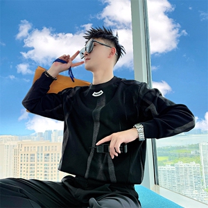 AW216/P78控108秋季社会小伙圆领高级设计感扎染打底卫衣男黑首图片
