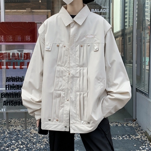 港风秋款男夹克衫条纹褶皱工装织带牛津纯棉外套JK081 P75图片