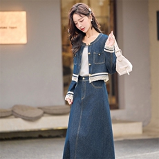 牛仔套装女2025春季新款时尚洋气减龄显瘦拼接上衣半身裙两件套潮，女装套装/套裙，凯瑟曼