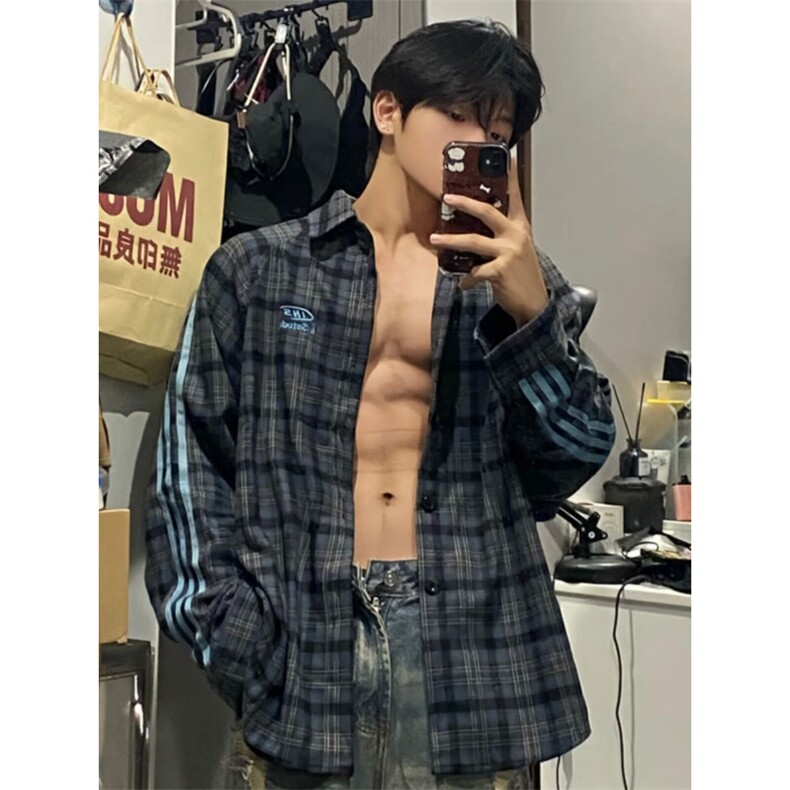 【有货】DHJ37-P50美式三条杠格子衬衫男宽松秋季长袖格纹衬衣,男装衬衫,星座603-2