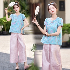 新中式国风套装女夏高级感复古提花改良旗袍阔腿裤时尚洋气两件套，女装套装/套裙，玖莱伊