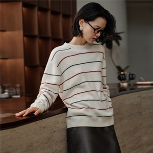 2025秋冬新款女羊绒衫100%纯山羊绒加厚宽松针织衫条纹羊绒套衫,女装羊绒衫,绒知纯羊绒