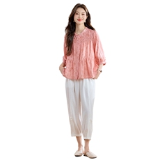 夏季两件套八分裤V领夏季中袖时尚套装娃娃衫两件套，女装套装/套裙，3200格调