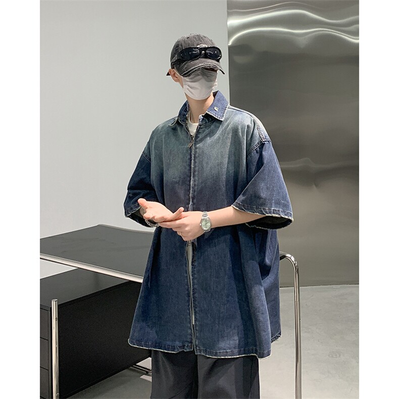 S305-P58夏季新款渐变水洗做旧牛仔衬衣男潮牌拉链短袖衬衫现货，男装衬衫，星座512-6