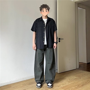 美式高街弯刀休闲裤设计感褶皱潮流宽松阔腿工装裤K90056-P50网图图片