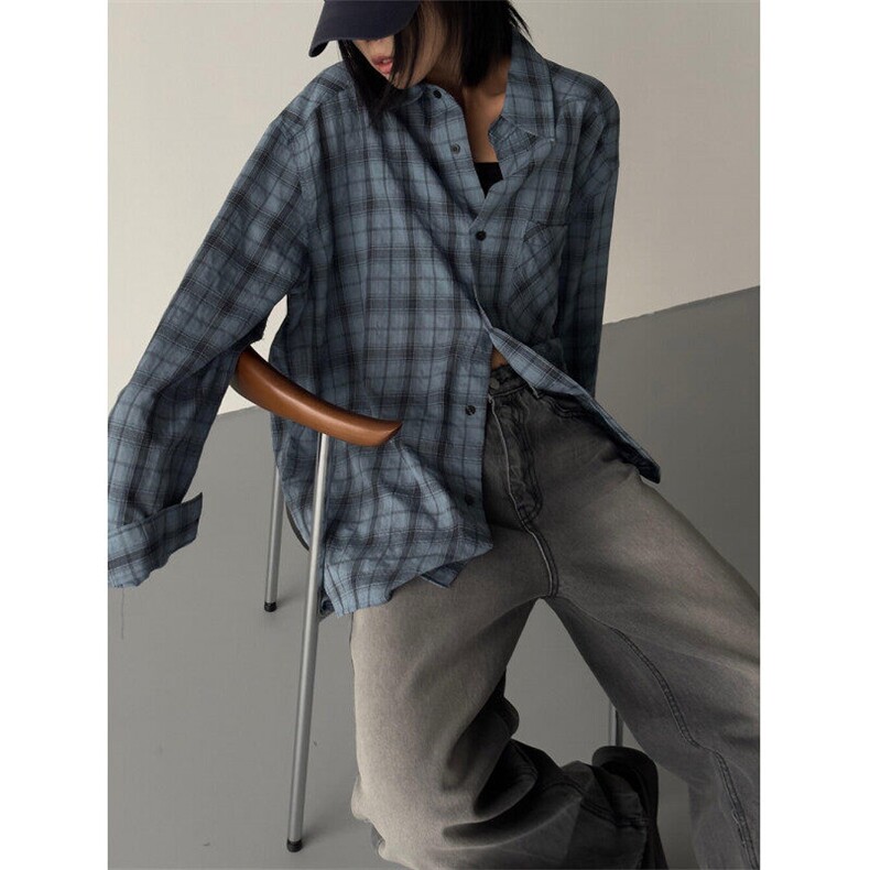 新款男女装格子衬衫春韩系穿搭长袖衬衣设计感宽松外套825P50,女装衬衫,星座710