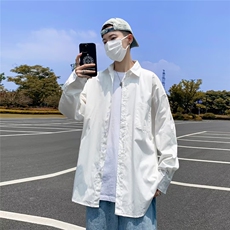 日系小清新防晒长袖衬衫男潮流纯色宽松百搭外穿休闲翻领衬衣C410，男装衬衫，星座506