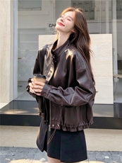 现货短款皮衣外套女春秋新款宽松显瘦洋气百搭休闲夹克上衣，女装皮衣，诺蝶