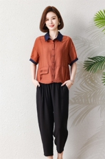 现货2023夏季气质文艺撞色小翻领百搭显瘦套装两件套，女装套装/套裙，深水步