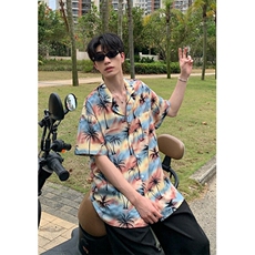 夏季复古古巴领碎花衬衫男女宽松港味夏威夷沙滩短袖衬衣C2402，男装衬衫，星座1116A（原606A-3）