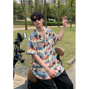 夏季复古古巴领碎花衬衫男女宽松港味夏威夷沙滩短袖衬衣 C2402图片
