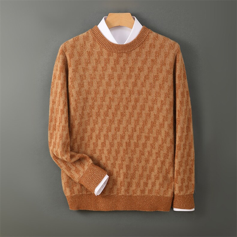 时尚男士秋冬款羊毛拼接格子纹圆领毛衣男装，男装羊毛衫，德晨羊绒